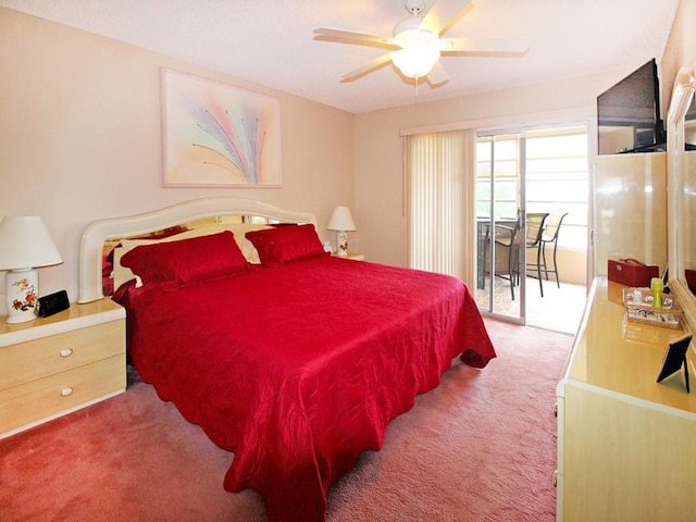 carpeted bedroom featuring access to outside and ceiling fan