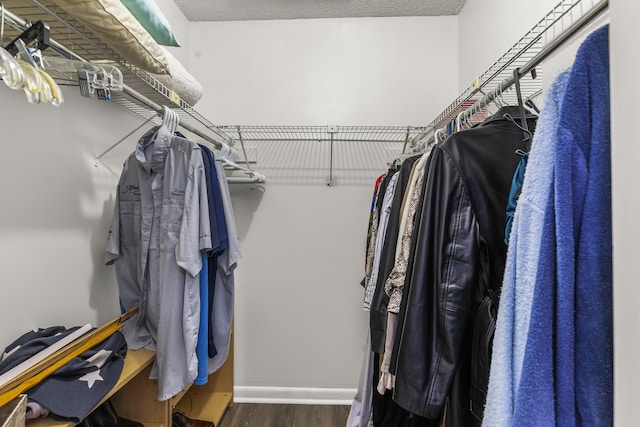 walk in closet with dark wood-style floors