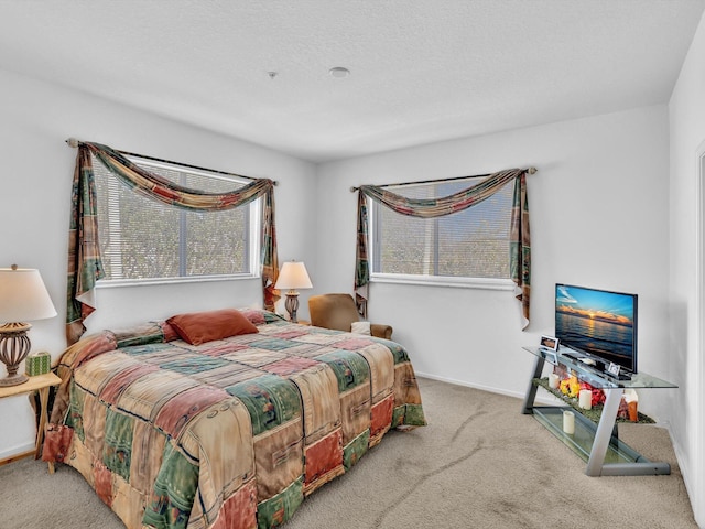 carpeted bedroom with a textured ceiling