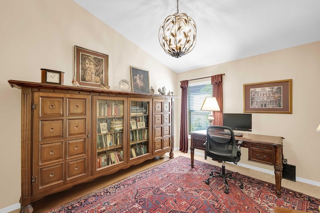 carpeted office featuring lofted ceiling and a notable chandelier