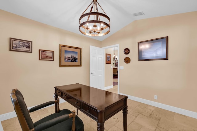 office area with lofted ceiling and a notable chandelier