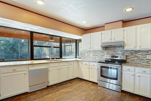 kitchen featuring white cabinetry, stainless steel range with electric cooktop, sink, dishwasher, and wood-type flooring