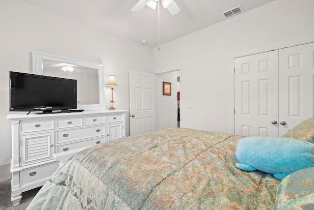 bedroom featuring a closet, visible vents, and a ceiling fan