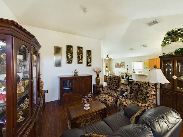 living room featuring dark wood-type flooring and lofted ceiling