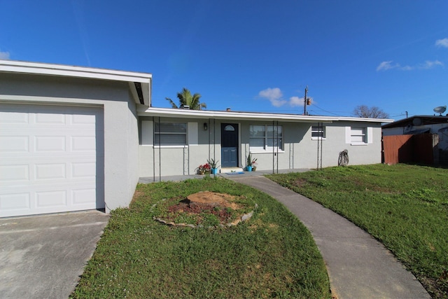 single story home with a front yard, stucco siding, and an attached garage
