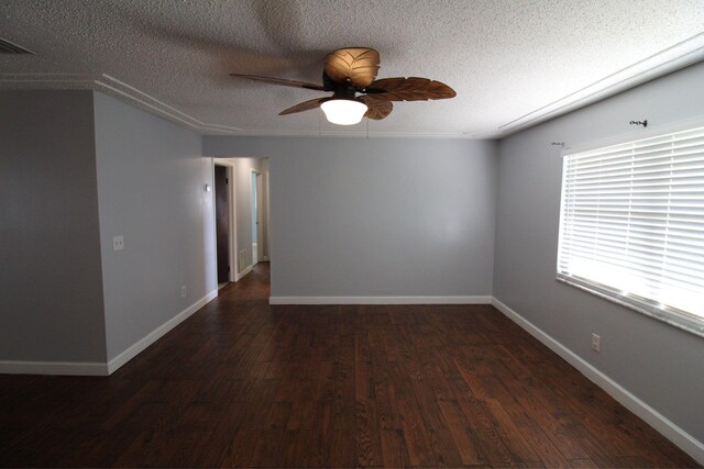 living room with ceiling fan, ornamental molding, hardwood / wood-style floors, and a textured ceiling