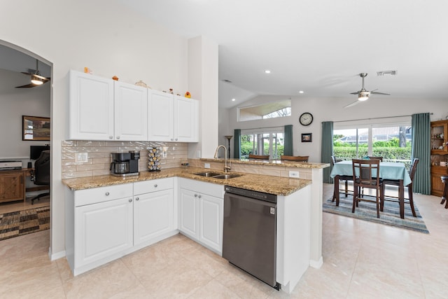 7087 Lombardy St, Boynton Beach, FL 33472 - kitchen with dishwashing machine, a ceiling fan, visible vents, a peninsula, and a sink