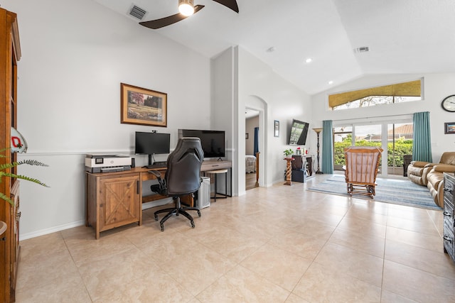 7087 Lombardy St, Boynton Beach, FL 33472 - office space with light tile patterned flooring, visible vents, high vaulted ceiling, and ceiling fan