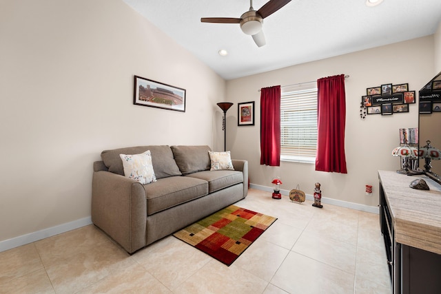7087 Lombardy St, Boynton Beach, FL 33472 - living room with baseboards, lofted ceiling, ceiling fan, and light tile patterned flooring