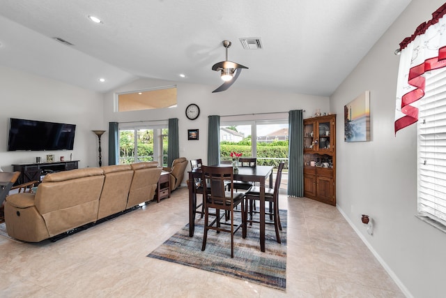 dining space featuring baseboards, visible vents, vaulted ceiling, and recessed lighting