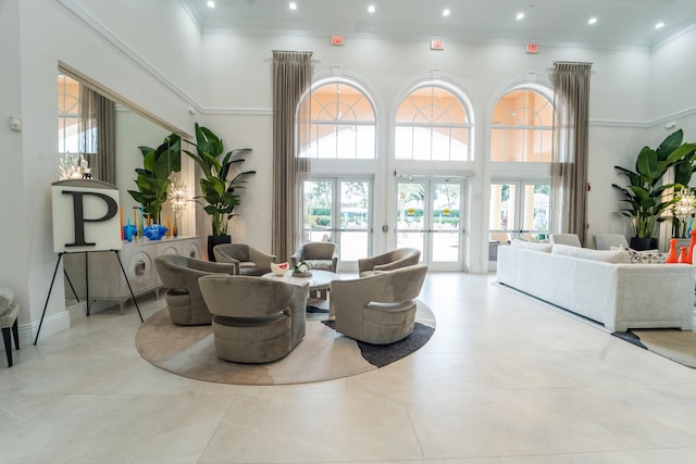 7087 Lombardy St, Boynton Beach, FL 33472 - dining space with crown molding, a high ceiling, recessed lighting, and french doors