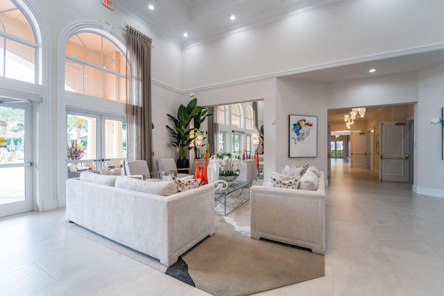 7087 Lombardy St, Boynton Beach, FL 33472 - living room with a wealth of natural light, a towering ceiling, recessed lighting, and ornamental molding