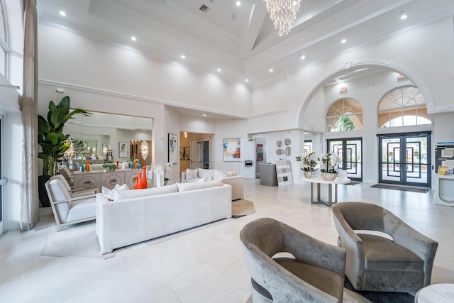 7087 Lombardy St, Boynton Beach, FL 33472 - living area with recessed lighting, a chandelier, crown molding, and tile patterned flooring
