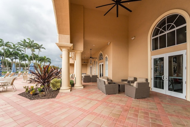 7087 Lombardy St, Boynton Beach, FL 33472 - view of patio / terrace with french doors, an outdoor hangout area, and a ceiling fan