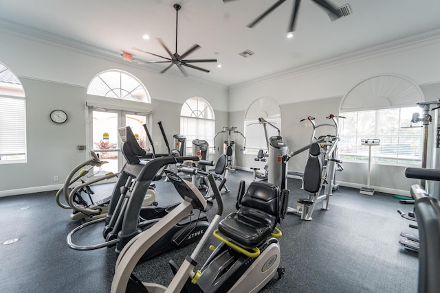 7087 Lombardy St, Boynton Beach, FL 33472 - workout area featuring visible vents, baseboards, ceiling fan, ornamental molding, and plenty of natural light