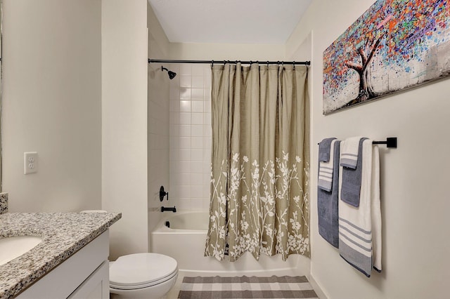 full bath featuring toilet, shower / tub combo, and vanity