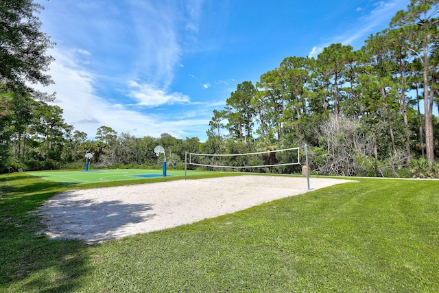 view of community featuring community basketball court, a lawn, and volleyball court