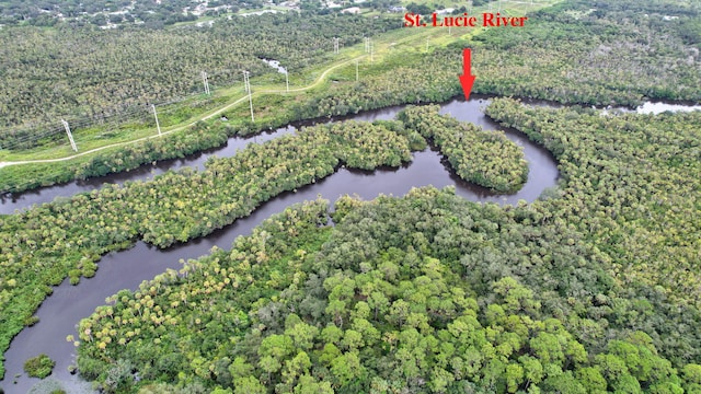 drone / aerial view featuring a water view and a forest view