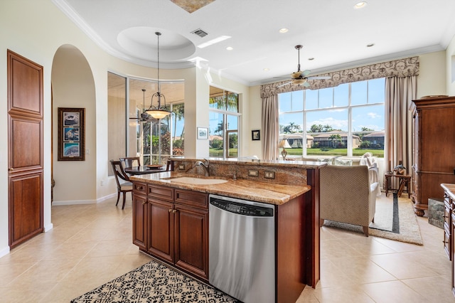 kitchen with visible vents, hanging light fixtures, stainless steel dishwasher, ornamental molding, and a sink