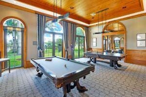 game room featuring carpet floors, wooden ceiling, and a raised ceiling