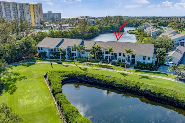 aerial view featuring a water view