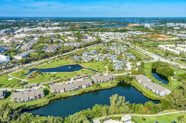 aerial view with a water view and a residential view