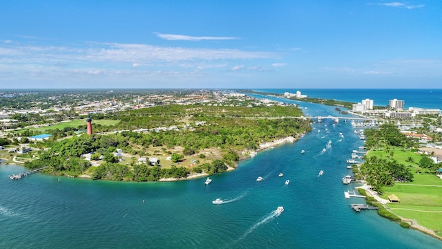 drone / aerial view with a water view