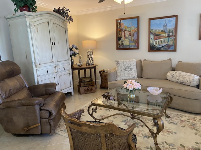 tiled living room with crown molding and ceiling fan