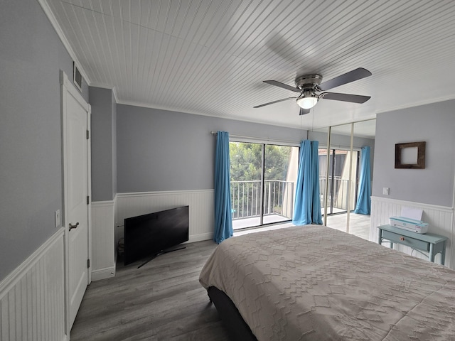 bedroom featuring crown molding, wood-type flooring, access to exterior, and ceiling fan