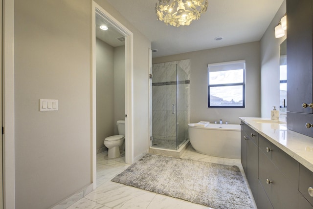 full bathroom featuring vanity, plus walk in shower, toilet, and an inviting chandelier