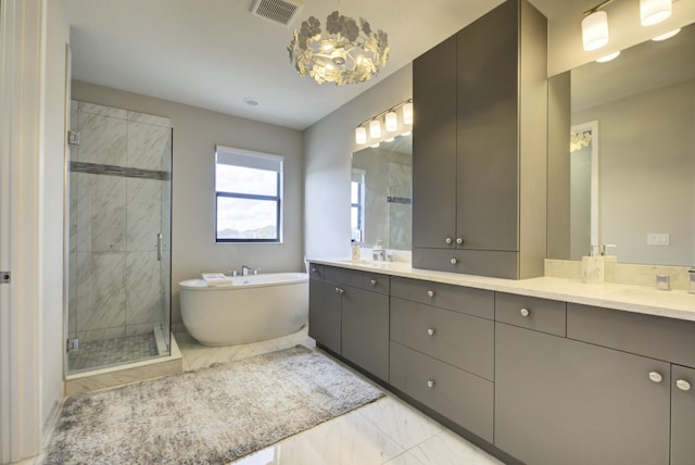 bathroom with vanity and plus walk in shower