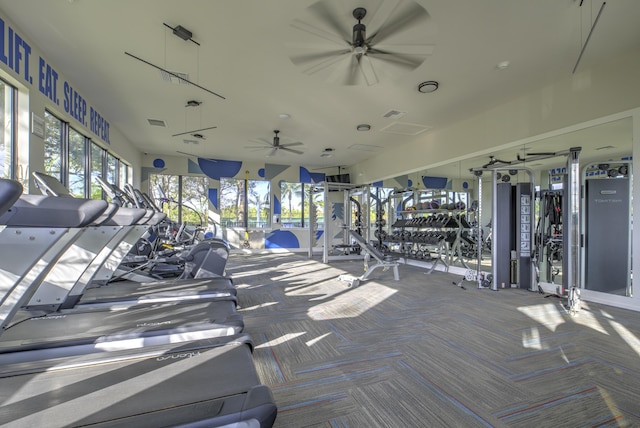 gym with carpet floors and ceiling fan