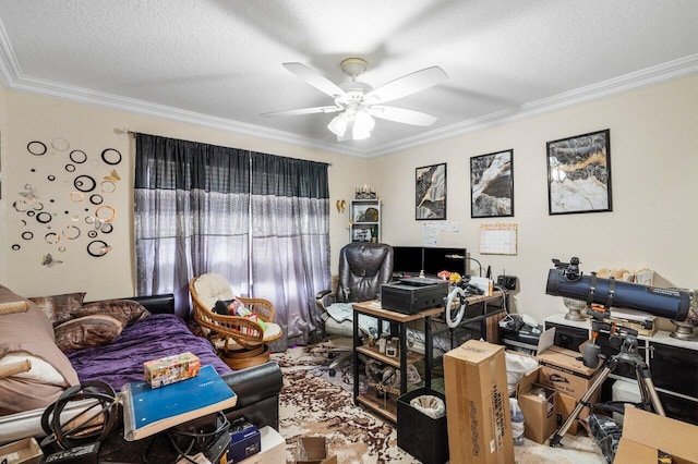 office area with ceiling fan, crown molding, and a textured ceiling