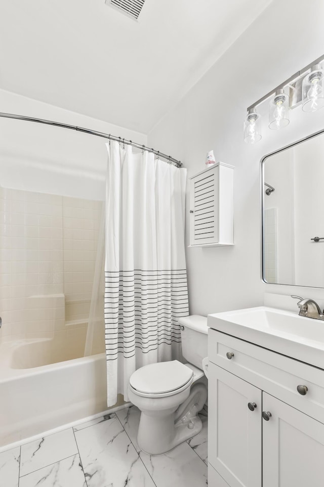 full bath with marble finish floor, visible vents, toilet, shower / bath combo with shower curtain, and vanity