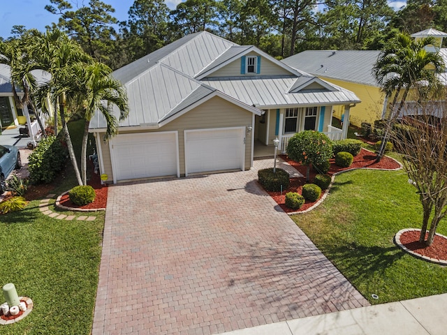 view of front facade with a porch, a garage, and a front lawn