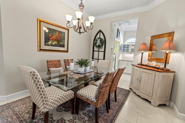 tiled dining room with a notable chandelier and crown molding