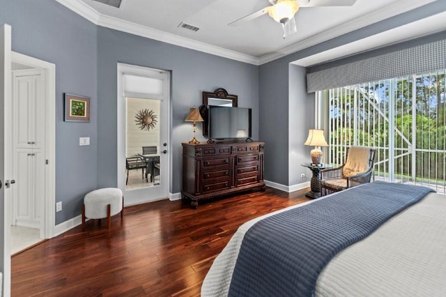 bedroom with crown molding, ceiling fan, dark hardwood / wood-style flooring, and access to outside