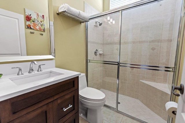 bathroom with tile patterned flooring, vanity, an enclosed shower, and toilet