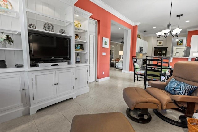 tiled living room with crown molding, built in shelves, and ceiling fan with notable chandelier