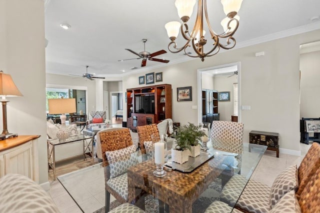 tiled dining room featuring crown molding and a notable chandelier