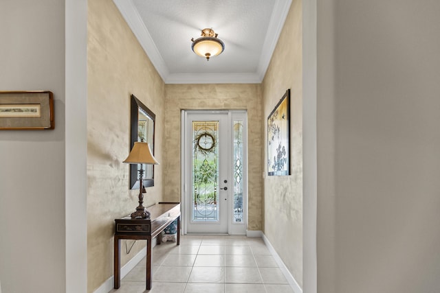 foyer entrance featuring crown molding and light tile patterned floors