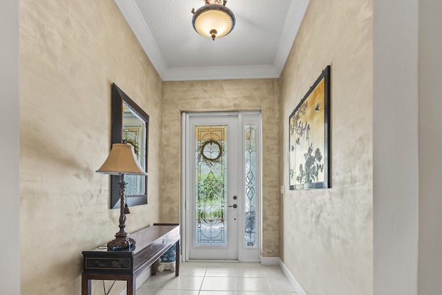 entryway featuring ornamental molding and light tile patterned floors