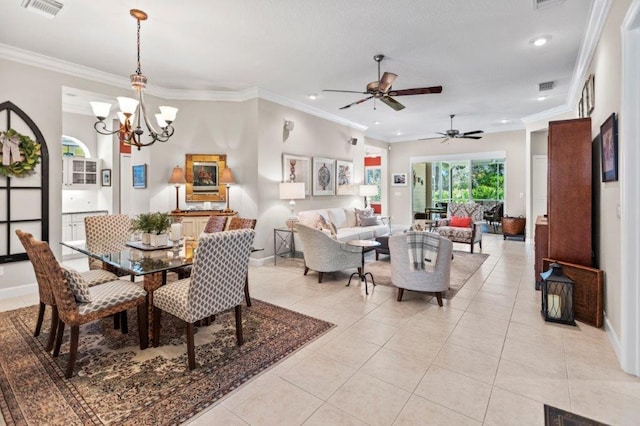 tiled dining room featuring a notable chandelier and crown molding