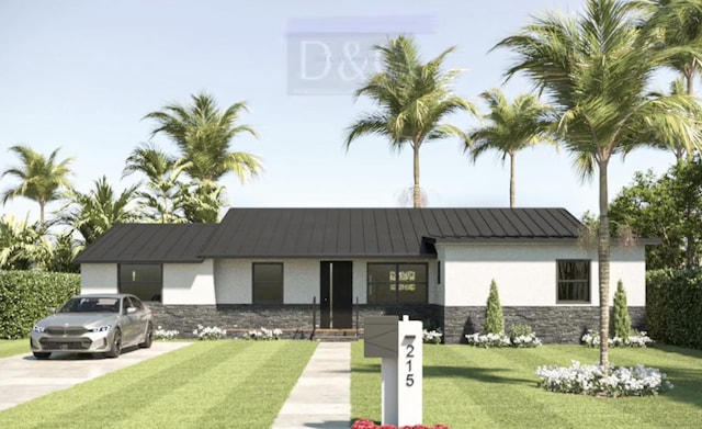 215 32nd St, West Palm Beach, FL 33407 - view of front of property featuring stucco siding, stone siding, a standing seam roof, a front yard, and metal roof