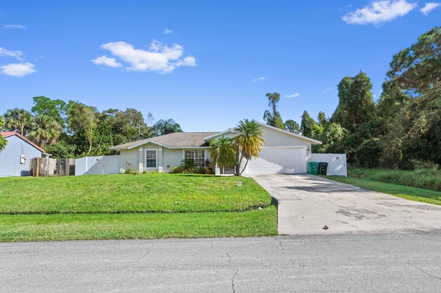 single story home featuring a garage, concrete driveway, a front lawn, and stucco siding