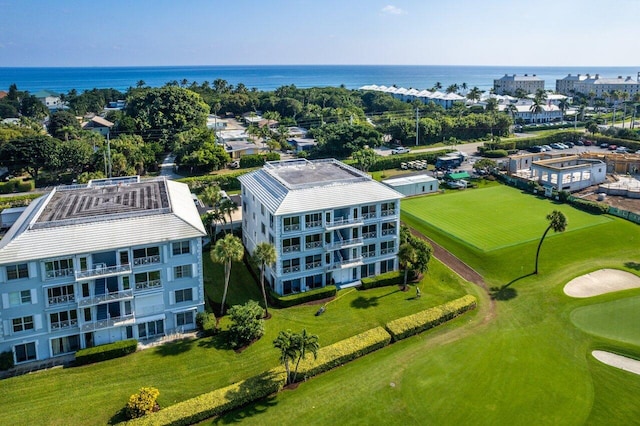 aerial view with a water view and golf course view