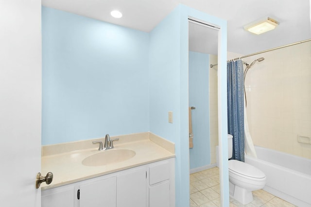 full bathroom featuring vanity, tile patterned flooring, toilet, and shower / tub combo with curtain