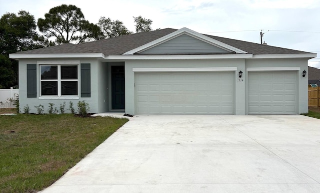single story home with an attached garage, driveway, a shingled roof, and stucco siding