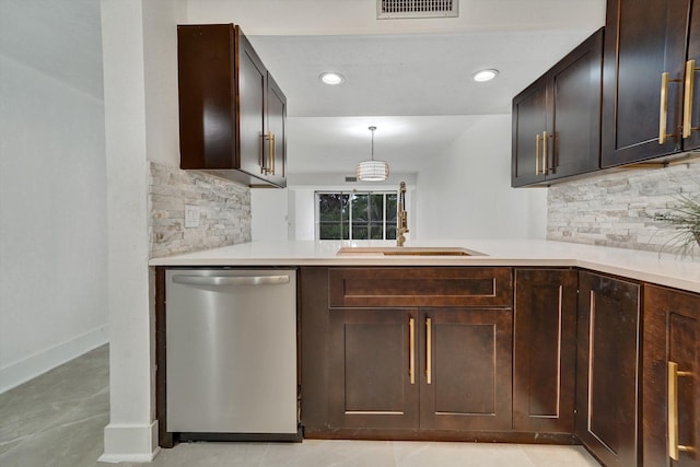 kitchen featuring dishwasher, decorative backsplash, dark brown cabinetry, and decorative light fixtures