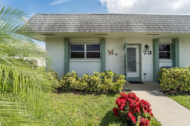 doorway to property with roof with shingles, visible vents, and stucco siding